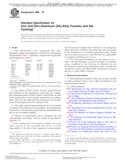 ASTM B86-2018 锌和锌铝合金铸件和模铸件规格 Standard Specification for Zinc and Zinc-Aluminum (ZA) Alloy Foundry and Die Castings
