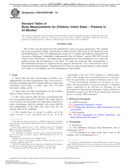 ASTM D4910/D4910M-2019 0～24个月婴幼儿尺码身体测量尺寸表 Standard Tables of Body Measurements for Children, Infant Sizes – Preemie to 24 Months