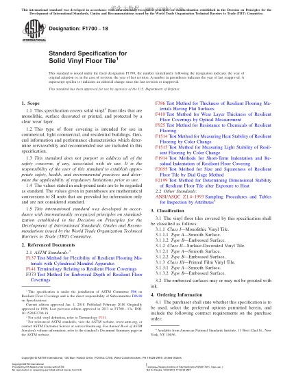 ASTM F1700-2018 固体乙烯基地面砖规格 Standard Specification for Solid Vinyl Floor Tile