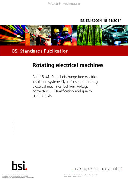 EN 60034-18-41-2014 Rotating electrical machines - Part 18-41: Partial discharge free electrical insulation systems (Type I) used in rotating electrical machines fed from voltage converters - Qualification and quality control tests