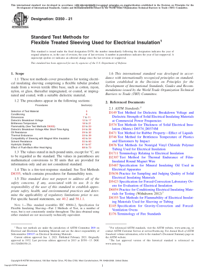 ASTM D350-2021  Standard Test Methods for Flexible Treated Sleeving Used for Electrical Insulation