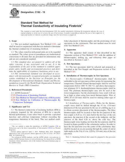 ASTM C182-2019 绝热耐火砖导热性测试方法 Standard Test Method for Thermal Conductivity of Insulating Firebrick