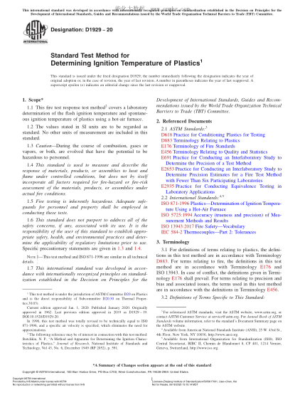 ASTM D1929-2020  Standard Test Method for Determining Ignition Temperature of Plastics