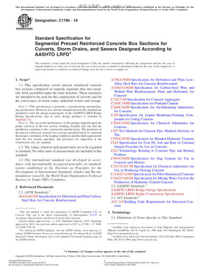 ASTM C1786-2018 按照AASHTO LRFD设计的阴沟、雨水渠和下水道用分段预制钢筋混凝土箱形构件的规格 Standard Specification for Segmental Precast Reinforced Concrete Box Sections for Culverts,Storm Drains,and Sewers Designed According to AASHTO LRFD