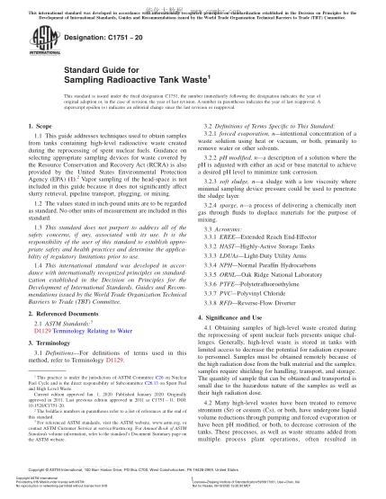 ASTM C1751-2020  Standard Guide for Sampling Radioactive Tank Waste