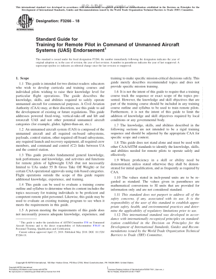 ASTM F3266-2018 无人飞机遥控操作员培训指南 Standard Guide for Training for Remote Pilot in Command of Unmanned Aircraft Systems (UAS) Endorsement