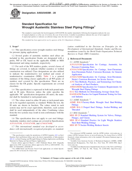 ASTM A403/A403M-2020  Standard Specification for Wrought Austenitic Stainless Steel Piping Fittings