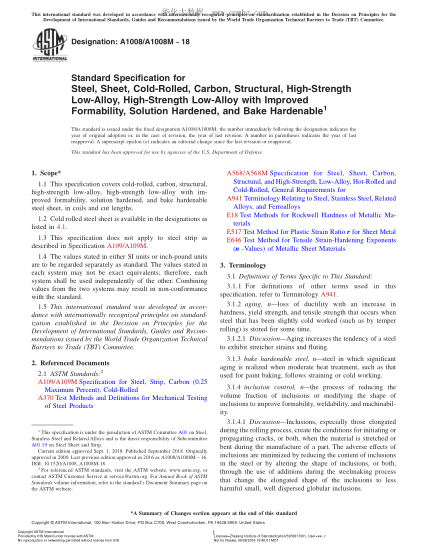 ASTM A1008/A1008M-2018  Standard Specification for Steel, Sheet, Cold-Rolled, Carbon, Structural, High-Strength Low-Alloy, High-Strength Low-Alloy with Improved Formability, Solution Hardened, and Bake Hardenable