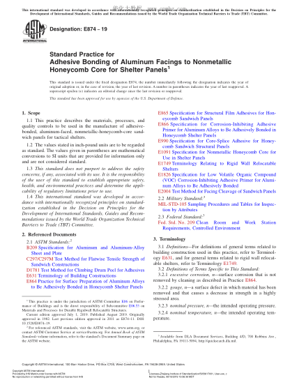 ASTM E874-2019 掩体板用铝饰面与非金属蜂窝芯子附着粘合规程 Standard Practice for Adhesive Bonding of Aluminum Facings to Nonmetallic Honeycomb Core for Shelter Panels