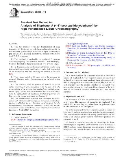 ASTM D8266-2019 用高效液相色谱法分析双酚A（4,4'-亚异丙基二苯酚）的方法 Standard Test Method for Analysis of Bisphenol A (4,4`-Isopropylidenediphenol) by High Performance Liquid Chromatography