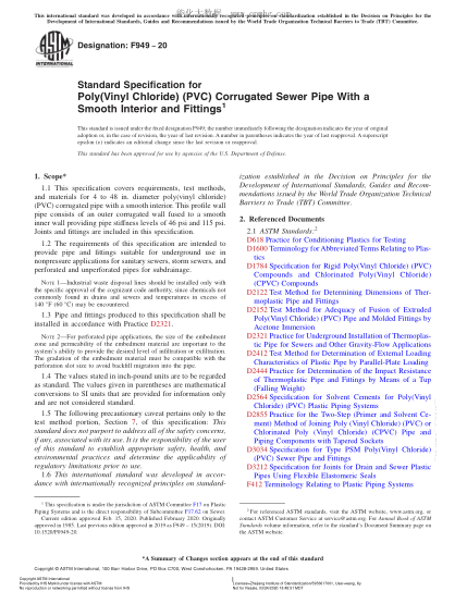 ASTM F949-2020  Standard Specification for Poly(Vinyl Chloride) (PVC) Corrugated Sewer Pipe With a Smooth Interior and Fittings