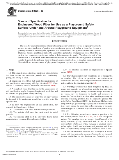 ASTM F2075-2020  Standard Specification for Engineered Wood Fiber for Use as a Playground Safety Surface Under and Around Playground Equipment