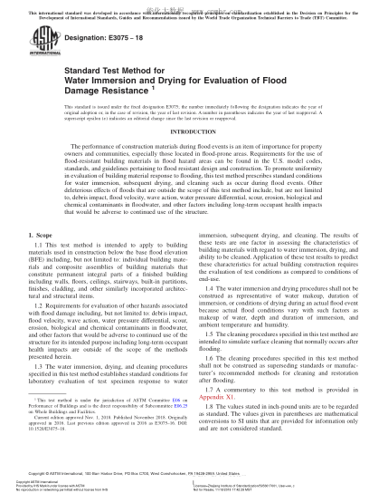 ASTM E3075-2018Standard Test Method for Water Immersion and Drying for Evaluation of Flood Damage Resistance