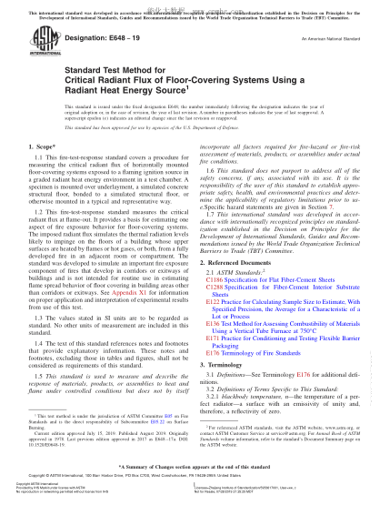 ASTM E648-2019 用辐射热能源测定地面覆盖系统临界辐射通量的试验方法 Standard Test Method for Critical Radiant Flux of Floor-Covering Systems Using a Radiant Heat Energy Source