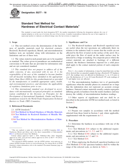ASTM B277-2018 电接触材料硬度试验方法 Standard Test Method for Hardness of Electrical Contact Materials