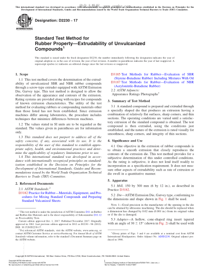 ASTM D2230-2017 橡胶特性--未硫化橡胶化合物可挤压性试验方法 Standard Test Method for Rubber Property—Extrudability of Unvulcanized Compounds