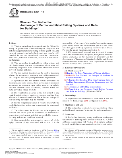 ASTM E894-2018 建筑物用永久性金属栏杆系统和栏杆锚具的试验方法 Standard Test Method for Anchorage of Permanent Metal Railing Systems and Rails for Buildings