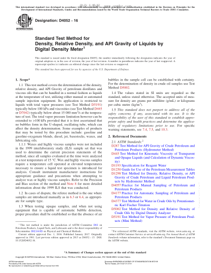 ASTM D4052-2016 用数字式密度计测定液体密度、相对密度和API重力的试验方法 Standard Test Method for Density,Relative Density,and API Gravity of Liquids by Digital Density Meter