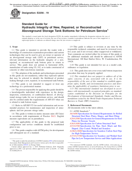 ASTM E2256-2019 雷竞技世界杯手机登录行业用新的、经修理或改造的地上储油罐底部指南 Standard Guide for Hydraulic Integrity of New, Repaired, or Reconstructed Aboveground Storage Tank Bottoms for Petroleum Service