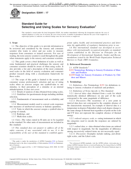 ASTM E3041-2017 感官评定级别选择与使用指南 Standard Guide for Selecting and Using Scales for Sensory Evaluation