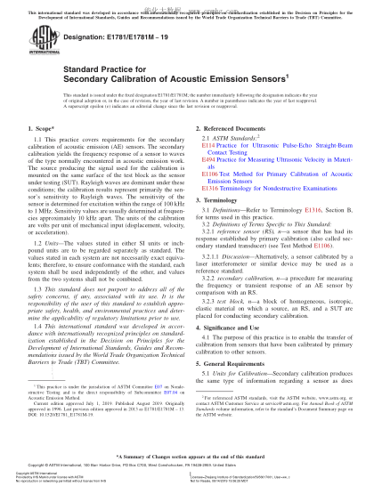 ASTM E1781/E1781M-2019 声发射传感器二级校准规程 Standard Practice for Secondary Calibration of Acoustic Emission Sensors