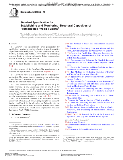 ASTM D5055-2019 预制木制工字梁结构力确定及监测规格 Standard Specification for Establishing and Monitoring Structural Capacities of Prefabricated Wood I-Joists