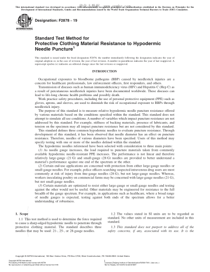 ASTM F2878-2019 防护服材料耐皮下注射器针头剌破性试验方法 Standard Test Method for Protective Clothing Material Resistance to Hypodermic Needle Puncture