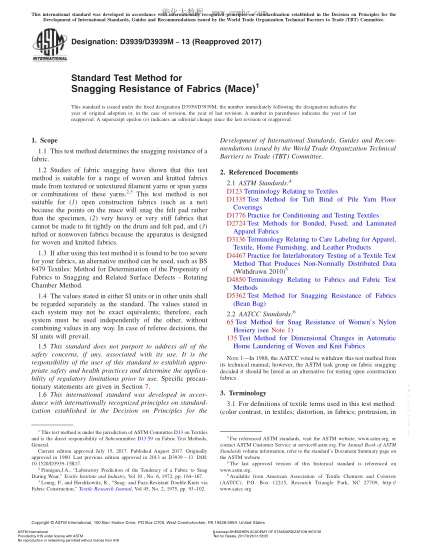 ASTM D3939/D3939M-2013(2017) 织物抗钩丝性能试验方法(钉头) Standard Test Method for Snagging Resistance of Fabrics (Mace)