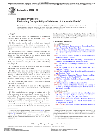 ASTM D7752-2018 液压液混合物相容性评定规程 Standard Practice for Evaluating Compatibility of Mixtures of Hydraulic Fluids