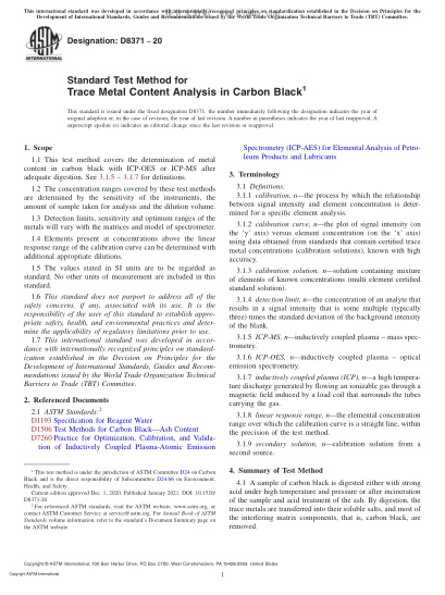 ASTM D8371-2020  Standard Test Method for Trace Metal Content Analysis in Carbon Black
