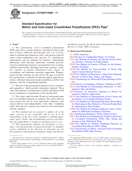 ASTM F2788/F2788M-2017 公制和英制交联聚乙烯管规格 Standard Specification for Metric and Inch-sized Crosslinked Polyethylene (PEX) Pipe