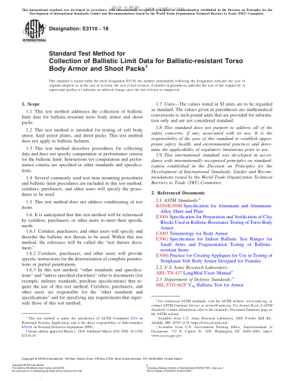 ASTM E3110-2018 防弹衣和试验品弹道极限数据采集方法 Standard Test Method for Collection of Ballistic Limit Data for Ballistic-resistant Torso Body Armor and Shoot Packs