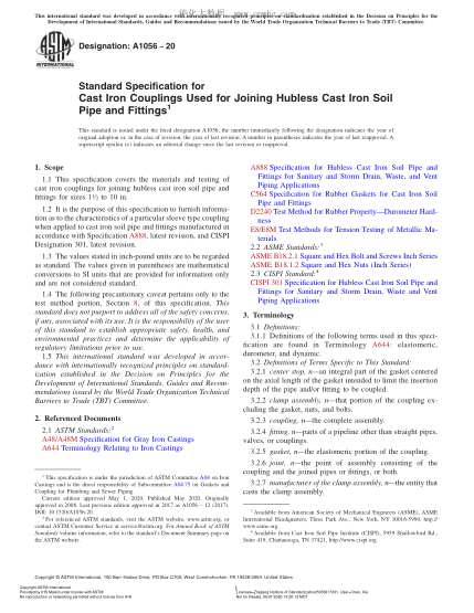 ASTM A1056-2020  Standard Specification for Cast Iron Couplings Used for Joining Hubless Cast Iron Soil Pipe and Fittings