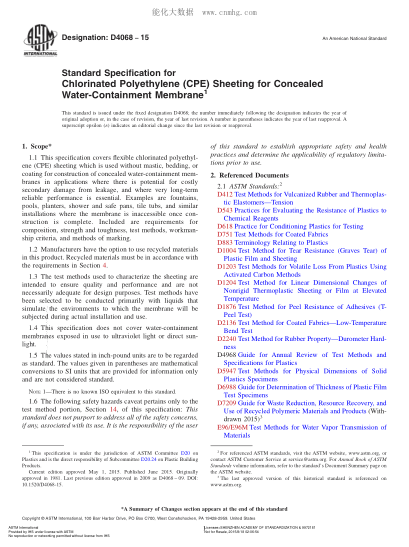 ASTM D4068-2015 隐藏水封膜用氯化聚乙烯薄板的规格 Standard Specification For Chlorinated Polyethylene (Cpe) Sheeting For Concealed Water-Containment Membrane