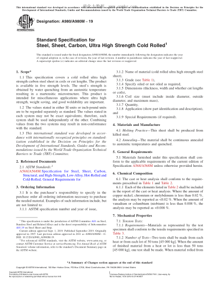 ASTM A980/A980M-2019 超高强度冷轧碳素钢薄板规格 Standard Specification for Steel, Sheet, Carbon, Ultra High Strength Cold Rolled