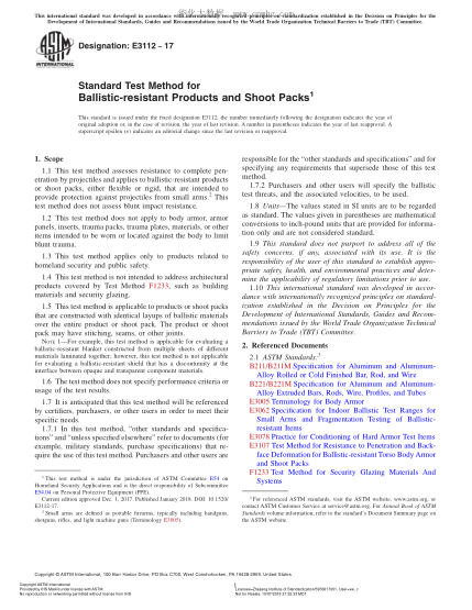 ASTM E3112-2017 防弹产品和射击包试验方法 Standard Test Method for Ballistic-resistant Products and Shoot Packs