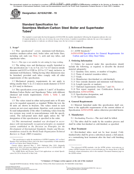 ASTM A210/A210M-2019 锅炉和过热器用无缝中碳钢管的规格 Standard Specification for Seamless Medium-Carbon Steel Boiler and Superheater Tubes