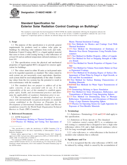 ASTM C1483/C1483M-2017 建筑物室外太阳辐射控制涂料规格 Standard Specification for Exterior Solar Radiation Control Coatings on Buildings