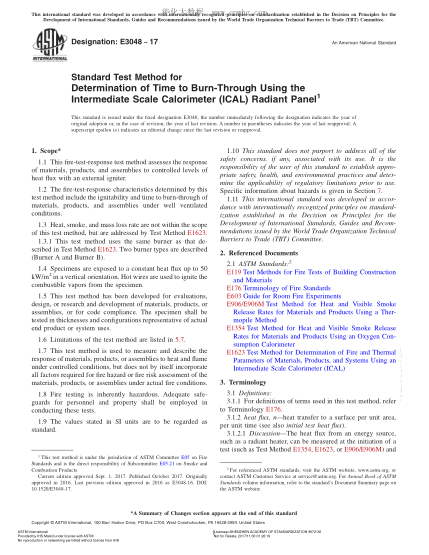 ASTM E3048-2017 用中型量热器辐射板测定烧穿时间的方法 Standard Test Method for Determination of Time to Burn-Through Using the Intermediate Scale Calorimeter (ICAL) Radiant Panel