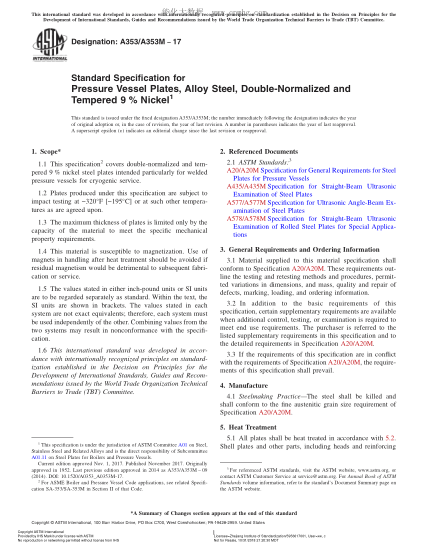 ASTM A353/A353M-2017 压力容器用经二次正火及回火处理的含9%镍的合金钢中厚板规格 Standard Specification for Pressure Vessel Plates,Alloy Steel,Double-Normalized and Tempered 9?% Nickel