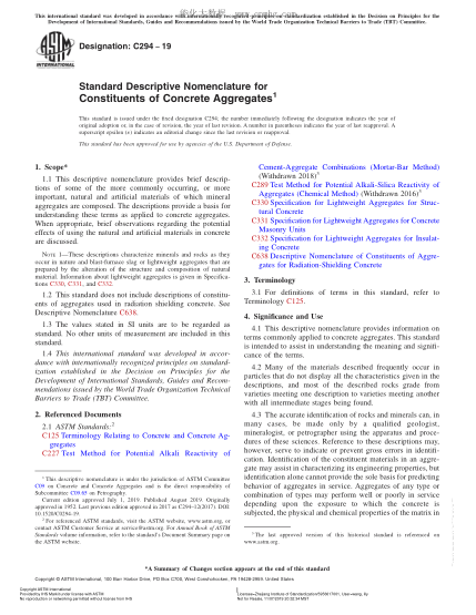 ASTM C294-2019 混凝土集料成分描述性名称 Standard Descriptive Nomenclature for Constituents of Concrete Aggregates