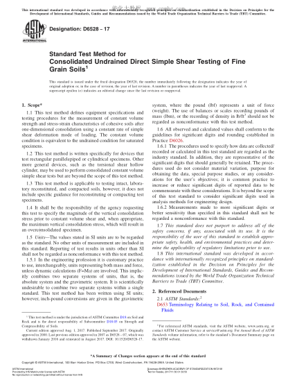 ASTM D6528-2017 测试固结不排水粘性土试样直接剪力的试验方法 Standard Test Method for Consolidated Undrained Direct Simple Shear Testing of Fine Grain Soils