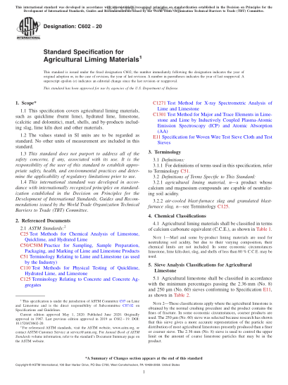 ASTM C602-2020  Standard Specification for Agricultural Liming Materials