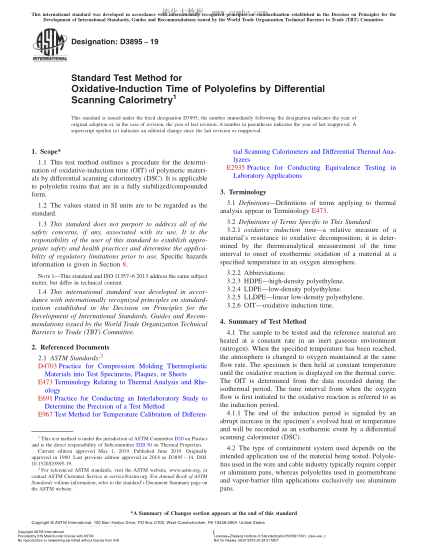 ASTM D3895-2019  Standard Test Method for Oxidative-Induction Time of Polyolefins by Differential Scanning Calorimetry