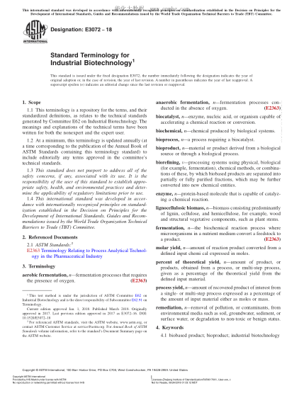 ASTM E3072-2018 工业生物技术术语 Standard Terminology for Industrial Biotechnology