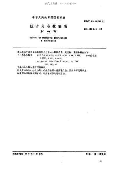 GB/T 4086.4-1983统计分布数值表 F分布