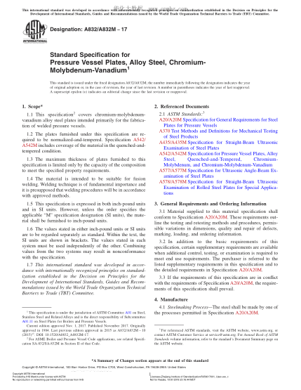 ASTM A832/A832M-2017 压力容器用铬钼钒钛合金钢中厚板的规格 Standard Specification for Pressure Vessel Plates,Alloy Steel,Chromium-Molybdenum-Vanadium
