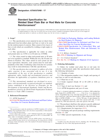 ASTM A704/A704M-2017 混凝土钢筋用普通焊接钢棒或钢筋网规格 Standard Specification for Welded Steel Plain Bar or Rod Mats for Concrete Reinforcement