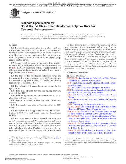 ASTM D7957/D7957M-2017 混凝土钢筋用实心圆形玻璃纤维增强聚合物筋的规格 Standard Specification for Solid Round Glass Fiber Reinforced Polymer Bars for Concrete Reinforcement
