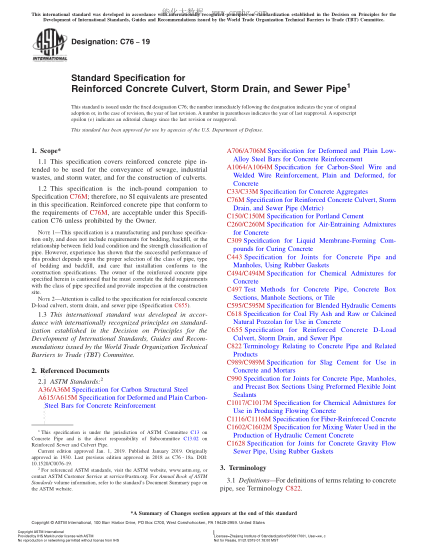 ASTM C76-2019 钢筋混凝土涵管、暴雨排水管和污水管规格 Standard Specification for Reinforced Concrete Culvert, Storm Drain, and Sewer Pipe